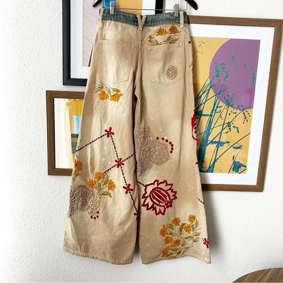New Free People Falling Love Wide Leg Jeans Floral Embroidered Crochet - Picture 9 of 9